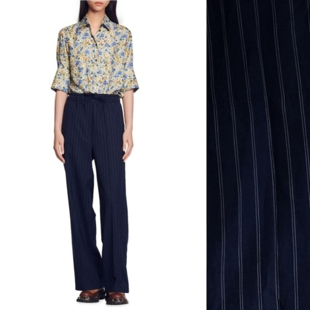 Faconnable Pinstripe Blue Linen Blend Trousers Drawstring Palazzo Pants Sz 8